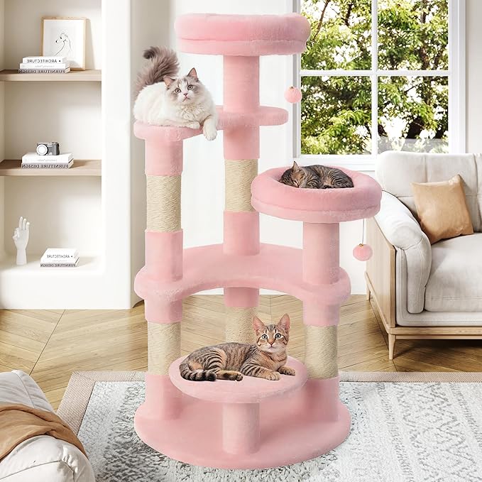 Allewie 55.5 in Cat Tree for Indoor Kitties/Soft Plush Perches/Multi-Level Cat Tower/Sisal Scratching Posts/Crescent Plates/Round Jumping Board/Hanging Ball/Pet Activity Center/Pink