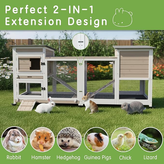 Rabbit Hutch Indoor Outdoor Wooden Bunny Cage with Wheels Removable Two Trays Guinea Pig Cages Waterproof Roof