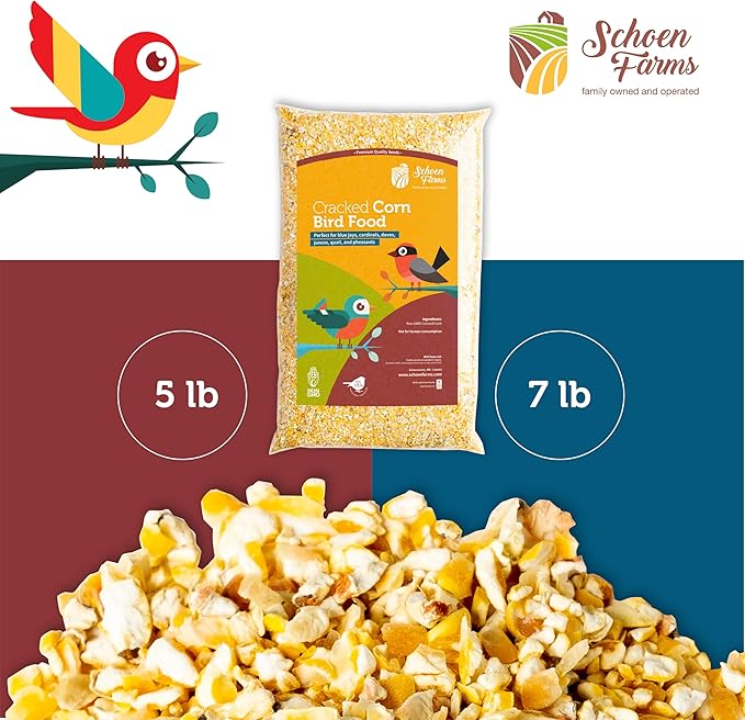 Schoen Farms Non-GMO Cracked Corn Wild Bird Food – 7 lb Bag – Natural Backyard Feed for Doves, Jays, Ducks, Pheasants & Squirrels