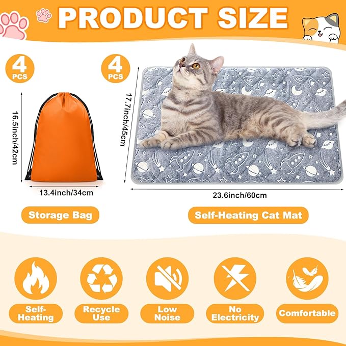 Riakrum 4 Pack Self Warming Cat Mat Heating Cat Bed 24" x 18" Thermal Dog Self Warming Pad Pet Heating Pad Non Slip Bottom Washable with Storage Bag for Indoor Outdoor Kitten Pet (18 x 24 Inches)