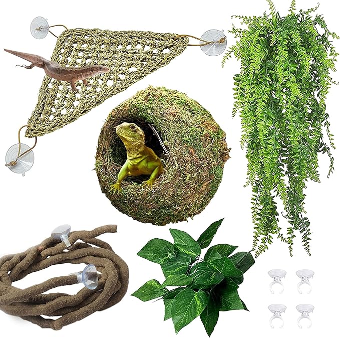 Hamiledyi Reptile Moss Cave Hide,Crested Gecko Habitat Hammock Green Moss Accessories Plastic Terrarium Plant Vines for Small Bearded-Dragon,Snakes,Chameleon Climbing Hibernation Sleeping