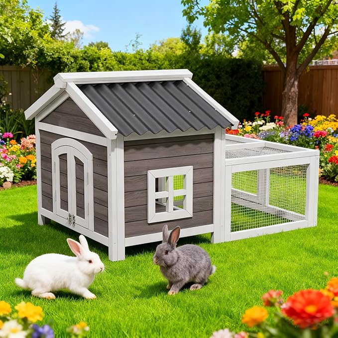 Wooden Rabbit Hutch Indoor and Outdoor,Chicken Coop,Bunny Cage Rabbit House with Waterproof Roof,Windows and Ventilation Door for Quails Ducks Guinea Pigs (White+Black)