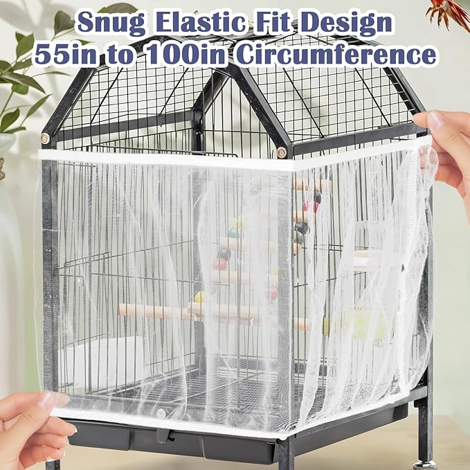 2Pcs Bird Cage Seed Catcher, Soft Airy Bird Cage Net Guard Net Cover Stretchy Universal Birdcage Accessories Suitable Round Square Cages (Circumference 55 Inch to 70 Inch Black White)