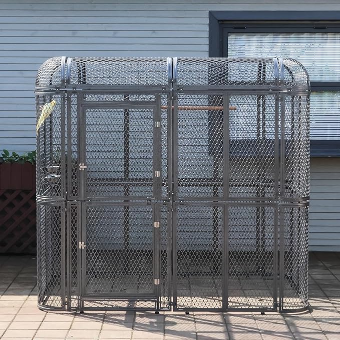 Large Walk-in Cage 77-inch Heavy Duty Birdcage Outdoor Diamond Grid Aviary Parrot Cage Wide Flight Metal Birdcage for Macaw Budgie Conure Lovebird Parakeet Cockatiel, 6.4x3.87x5.91ft, Silver