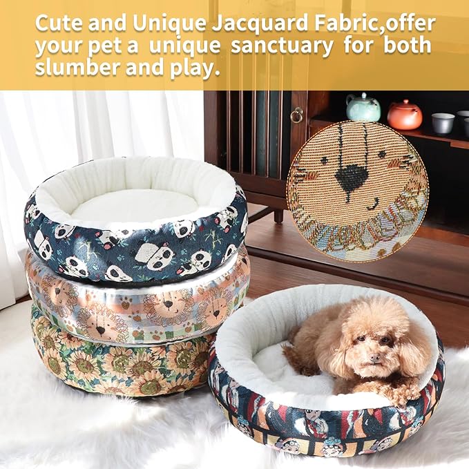 Circular Calming Dog & Cat Bed Anti-Anxiety Washable with Anti Slip Backing Donut Cuddler with Cute Jacquard Patterns for Cat and Small Puppy (XS-20in, Lion)