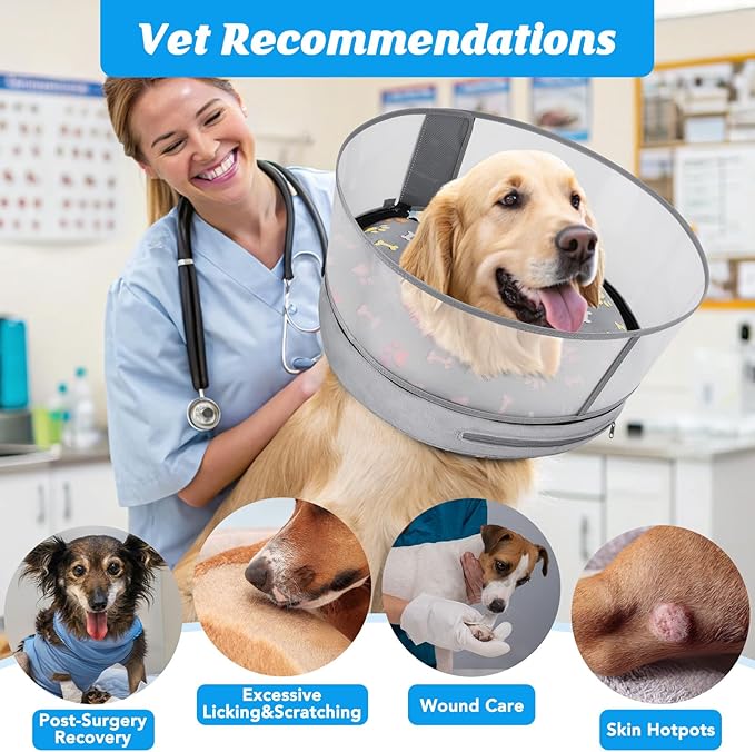 Inflatable Dog Cone with Anti-Licking Clear Shield, Protective Dog Donut Collar After Surgery, Adjustable Soft Recovery Cone for Pets, Alternative Collar with Buckle Strap (Grey Paw, XL)