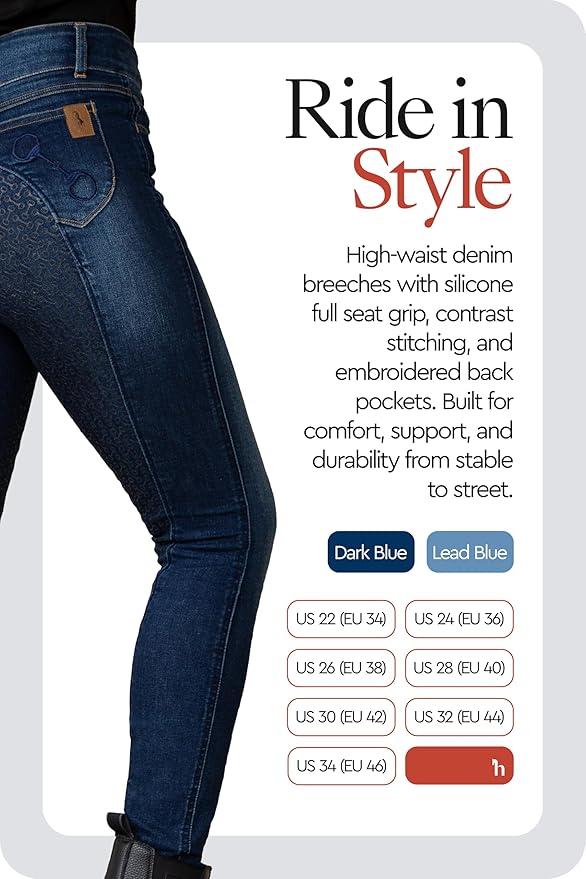 HORZE Kaia Womens Denim Horse Riding Pants | High Waist Silicone Full Seat Breeches | Accurate Size Chart