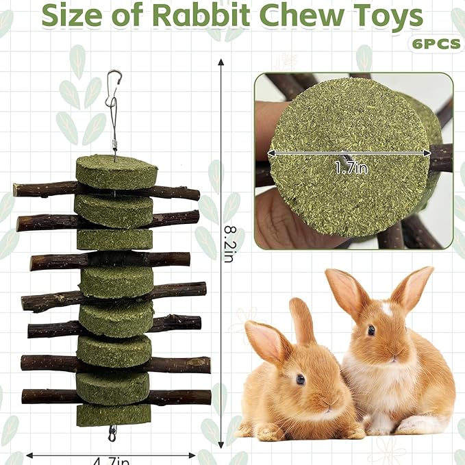kathson 6 PCS Bunny Chew Toys for Teeth Grinding, Chinchilla Treats Organic Bamboo Sticks Natural Fruitwood Branches for Rabbits Guinea Pigs Hamsters (Fruitwood Sticks+Alfalfa Cakes)