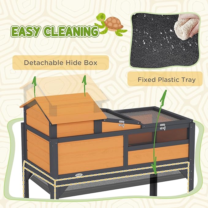 PawHut Tortoise Habitat with Adjustable Lamp Holder, 2 Layer Tortoise Enclosure with Storage Shelf, Removable Main House, Fixed Tray, Openable Lid, Yellow