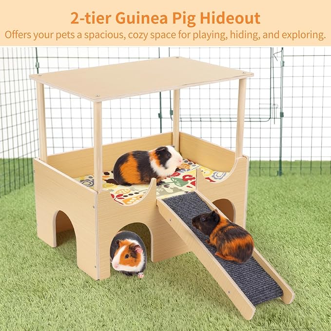 Large Wooden Guinea Pig Hideout, 2-tier Guinea Pig House with Non-slip Stairs, Small Animal Cage House, Cushioned Pads Included, Pet Habitat for Hamster Playing, Hiding