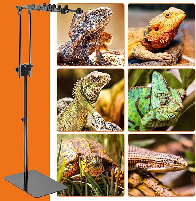 Oiibo Reptile Dual Lamp Stand, Floor Light Holder with Adjustable Heigh Bracket Metal Support for Reptile & Amphibian Terrarium Tank Vivarium Cage