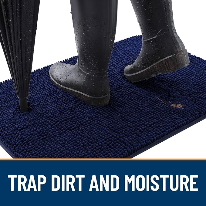 OLANLY Dog Door Mat Set 2-Piece 24x16, Absorbs Moisture and Dirt, Absorbent Non-Slip Washable Doormat, Quick Dry Chenille Mud Mat for Dogs, Entry Indoor Entryway Carpet for Inside Floor, Navy Blue