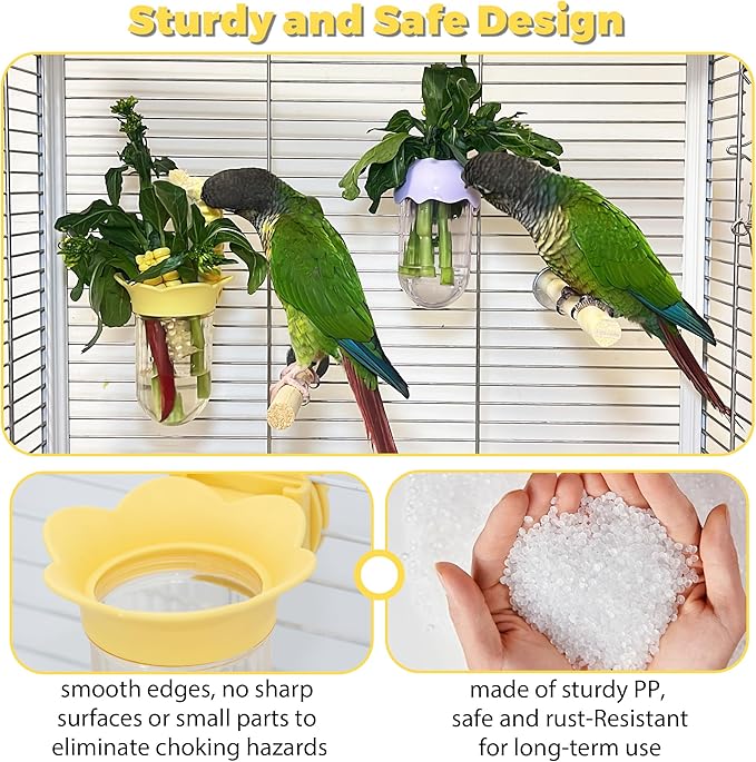 2Pcs Bird Cage Feeder for Vegetable, Parrot Veggies Holder with Water-Storage Design to Keep Greens Fresh, No Mess Hanging Millet Feeder for Parakeet, Quick Clean Clip, No Spill Feeders for Parrots