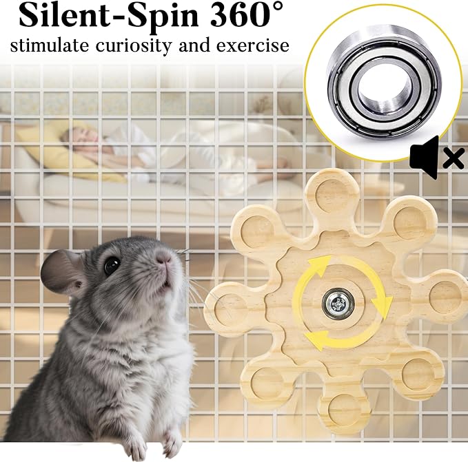 Rotating Natural Wood Chinchilla Chew Toys for Teeth, Interactive Enrichment Toys, Hanging Exercise Chinchilla Toys for Cage for Playtime, Spinner Cage Accessories Wheel