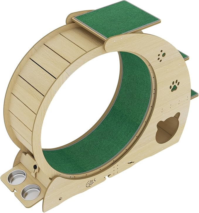 GarveeLife Cat Exercise Wheel for Indoor Cats, Cat Treadmill with Bowls, Scratch Post & Detachable Carpet, Large Quiet Cats Running Wheel for Kitties Endless Fun & Fitness Wood Color