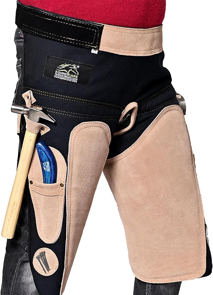 Equine Care Farrier Apron Chaps for Men 25" Cowhide Suede Leather & Canvas, Adjustable 28"-52" Waist, 2 Hammer Loops, Hoof Knife Pockets & Nail Magnets, Air Mesh, Farrier Tools for Hoof Trimming.