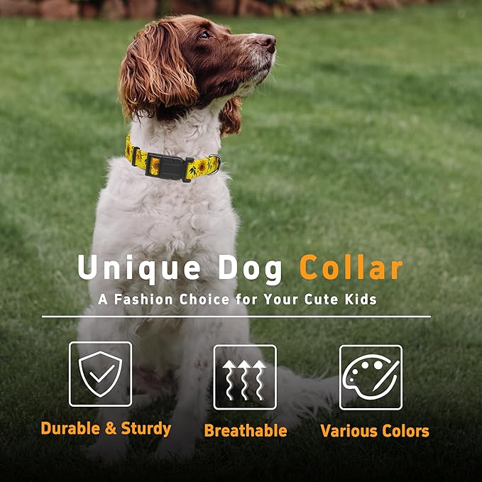 Dog Collar, Floral Boys Girls Puppy Collar for Small Medium Large Dogs, Adjustable Soft Pet Collar with Safety Buckle for Male Females (Yellow Sunflower, M)