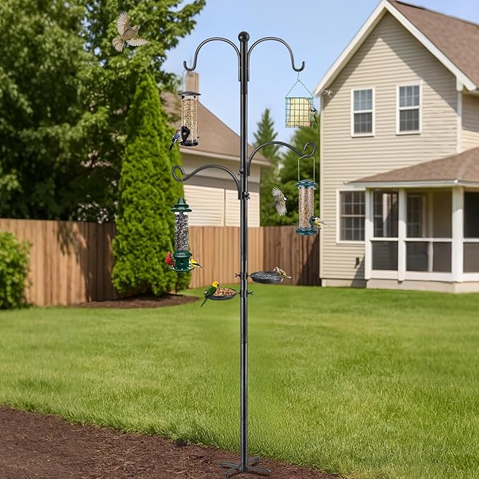 Bird Feeder Poles, Bird Feeding Station with Water Bowl and Birds Seed Tray, 88 Inch Shepherds Hooks for Outdoor Heavy Duty, 1-Inch Dia Humming Birds Feeder Stand Hanger Post with 4 Hooks