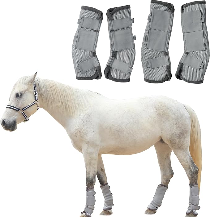 Adjustable Horse Fly Boots Set of 4, Equine Leg Protection Reduce Stomping, Breathable Mesh Fly Boots for Horses, Horse Leggings Leg Guards