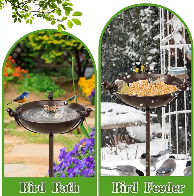Freestanding Birdbaths Bowl Outdoor, Standing Garden Bird Bath Feeder Bowl with 3 Bird Statues, Birdbath & Birdfeeder with Metal Stake Garden Yard Lawn Decor (Brown)