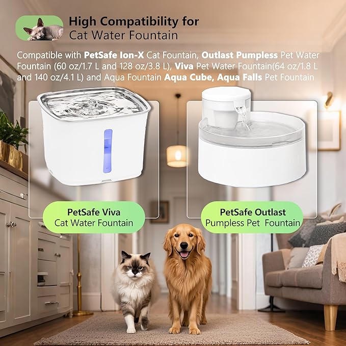 Cat Water Fountain Replacement Charcoal Filter Square Compatible with Petsafe Premier, Ion-X, Outlast Pumpless & Viva Pet Water Fountain, Carbon Filters for Cat and Dog Indoor (BLACK, 6 PACK)