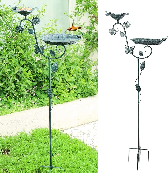 MUMTOP Bird Baths and Feeder for Outdoors, 53 inch Height Metal Birdbath Antique Garden Bird Feeder with Metal Stake for Garden Outside Yard Lawn Decorations, Green