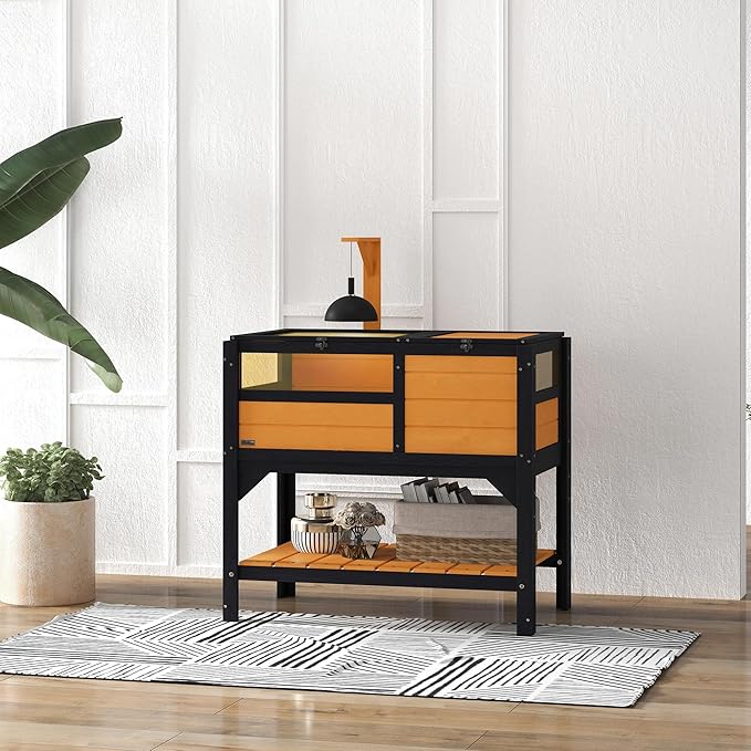 PawHut Tortoise Habitat with Shelf Storage, Tortoise Enclosure with Weather Protection, Reptile Enclosure with Tray, Light Support Frame, Yellow