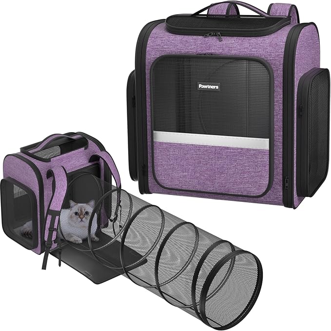 Pawtners Cat Backpack Carrier with Play Tunnel, Large Dog Backpack with Breathable Mesh, Expandable Pet Carrier Backpack for Small Medium Kitten Puppy Up to 18 Lbs, Suitable for Travel Hiking Camping