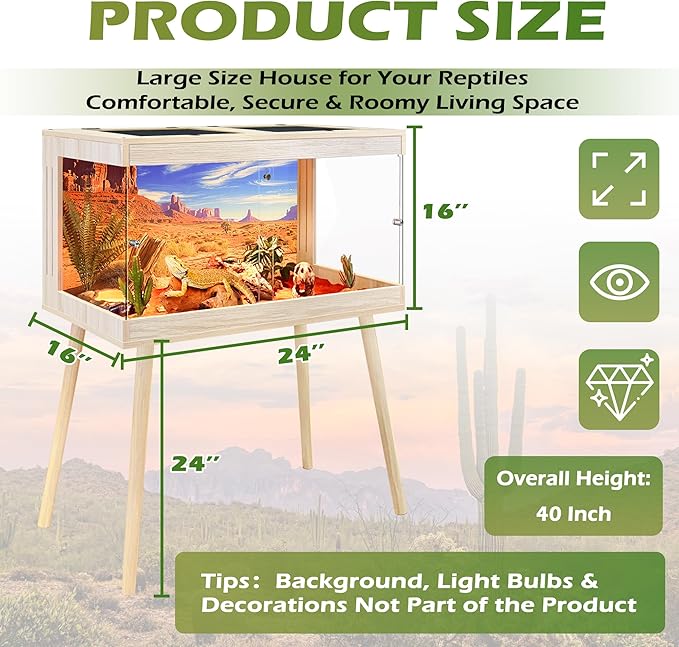 ROYXEN Bearded Dragon Tank with Leg Stand,Tempered Glass Reptile Tank with Metal Mesh Top, 3-Side Clear Anti-Scratch Glass Lizard Tank,Snake Tank for Reptile Habitat (Oak, 24Gallons,24" Length)