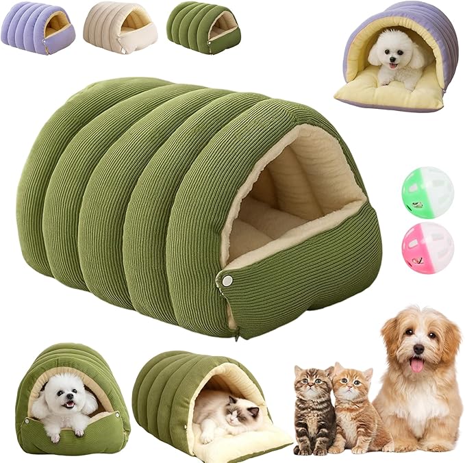 Expectation Cat Bed, Removable and Washable Winter Closed-Off Cat Bed, Soft Fluffy Warm Autumn/Winter Cats House, Washable Non-Slip Pet Sleeping Bag for Indoor Cats Small Dogs (Green,Large)