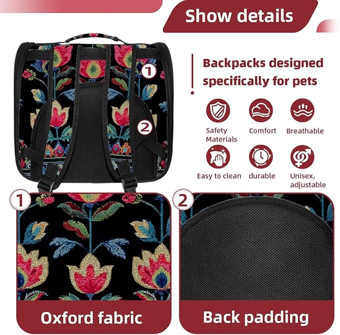 Dog Carrier Backpack for Small Pets - Cat & Dog Backpack for Hiking, Camping or Travel, Motifs African Boho Paisley Floral (20)