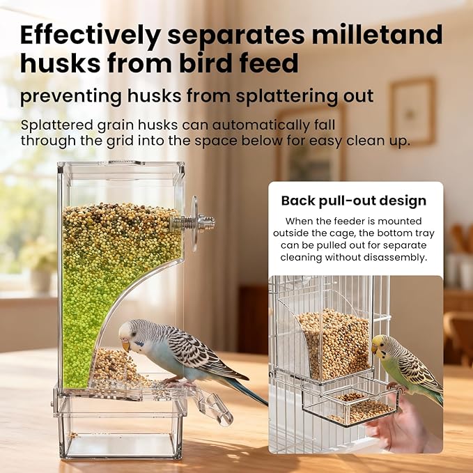 BAGHBPM No Mess Bird Feeder Water Dispenser Set,Automatic Parakeet Feeder Cage Accessories,Parrot Transparent Food Container Drinker for Cage,Canaries Budgies Lovebirds Cockatiels Finches (Blue)