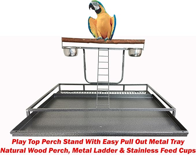 Large Deluxe Wrought Iron Bird Parrot Play Gound Perch Stand Top Climbing Ladder Metal Cage Include Seed Guard Storage Shelf Heavy Duty Lockable Rolling Wheels