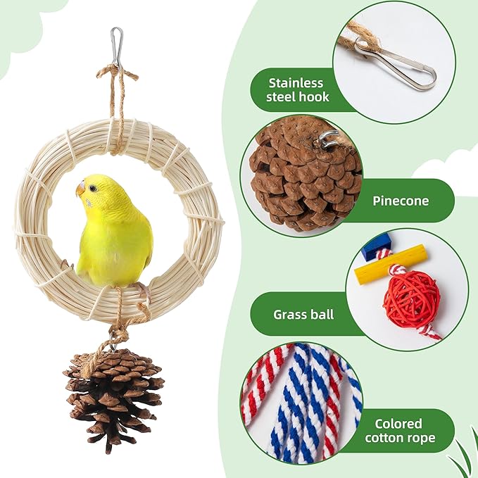 4-in-1 Bird Chew Toys - Colorful Ropes & Wood Blocks for Foraging Fun - Small Parrot Cage Toys for Conures, Lovebirds (30-Day Play Guarantee)