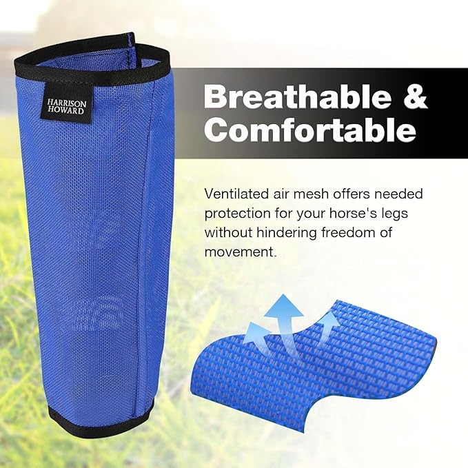Harrison Howard Loose-Fitting Horse Fly Leggings Breathable, Tear-Resistant Fine Mesh Leg Guards Stay-on Comfortable Fly Boots (Set of 4) Blue Yearling