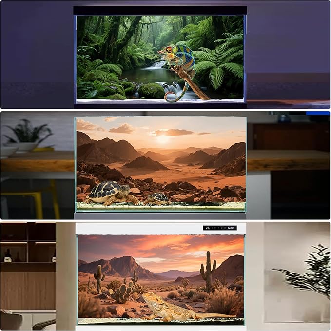 3 Pack Terrarium Background 36x18 inches Polyester Reptile Background，Gobi Sunshine Cactus Stone & Green Tree Fern Stream Terrarium Background
