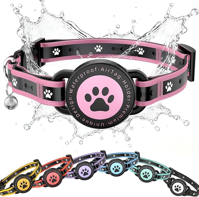 Airtag Cat Collar Breakaway, Reflective Cat Collar with AirTag Holder and Bell, Compatible with Apple Air Tag, Comfortable Padding, Adjustable, Durable (Pink, XS)