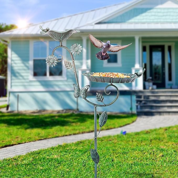 MUMTOP Bird Baths and Feeder for Outdoors, 53 inch Height Metal Birdbath Antique Garden Bird Feeder with Metal Stake for Garden Outside Yard Lawn Decorations, Green