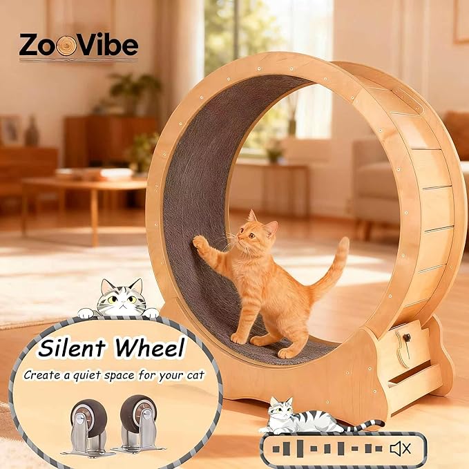 35.4'' Cat Exercise Wheel - Wooden Treadmill for Indoor Cats with Low Noise, Safety Lock, Detachable Carpet & Eco-Friendly Design for Fitness, Weight Loss and Entertainment