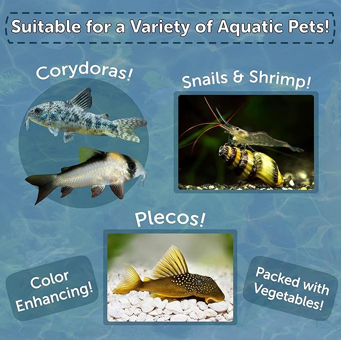Aquatic Foods Inc. 3.5mm - 1/8" Small Sinking Wafers of Spirulina, Algae & Color Enhancing Wafers for Bottom Fish, Shrimp, Snails, Tropicals. 4-Type Wafer & 12-Type Pellets Included 12oz Canister