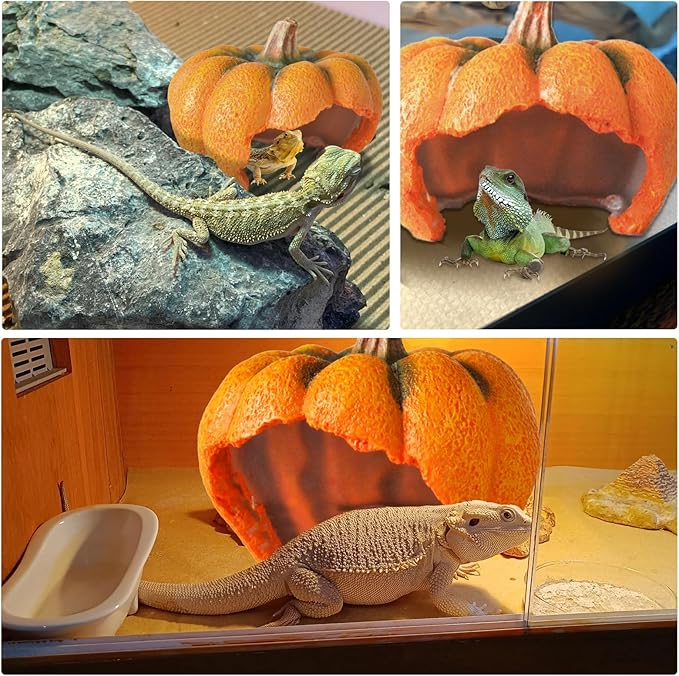 Leopard Gecko Tank Accessories,Pumpkin Resin Reptile Hideout Cave Bearded Dragon Hammock Hanging Jungle Vines Flexible Leaves for Lizard Gecko Chameleon Spider Snake Hermit Crab
