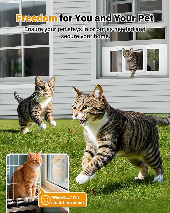 Cat Door for Window Weatherproof: Aluminum Frame Flap Pet Door Quick Fit Window Insert - Easy Adjustable to Fit Windows Width 27"-32" - 4 Secure Lock Modes with Magnetic Closure for Dog Cats