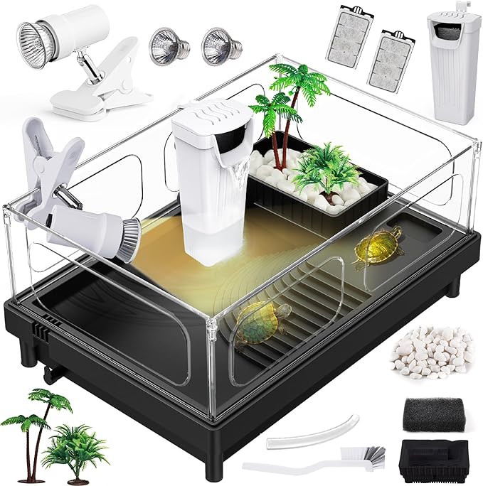 Small Turtle Tank Kit, Acrylic Turtle Tank Starter Kit with Basking Platform, Bottom Drainage, Multi-Function Areas for Turtles, Crabs, Crayfish, Small Reptiles (Black+White)