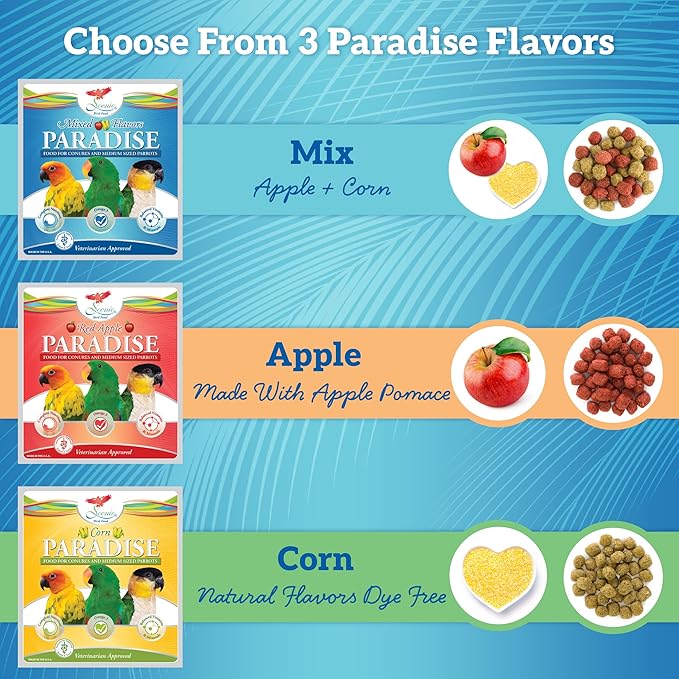 Scenic Mix Paradise Premium Parrot Food - Apple & Natural Flavors, High Protein, Low Iron Conure Bird Food, Eclectus & Other Small Pet Parrots, Omega 3, Vitamins & Minerals, 1 LB Bag