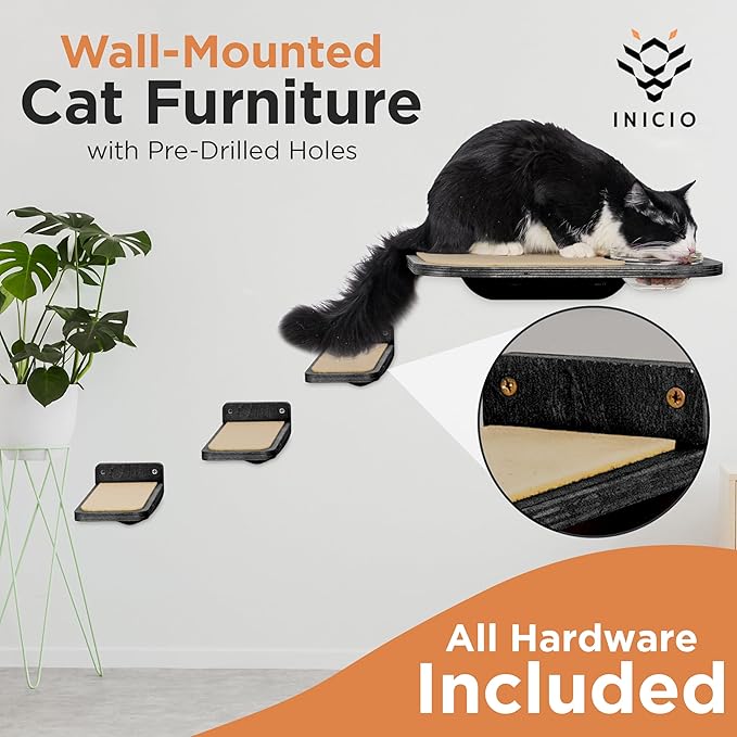 INICIO Cat Shelves – Dog Proof Feeding Station with Wall Mounted Shelves, 3 Steps for wall with Floating Shelf for Cats Up to 15lbs, Includes Cat Food Bowls for Convenient Feeding – Black