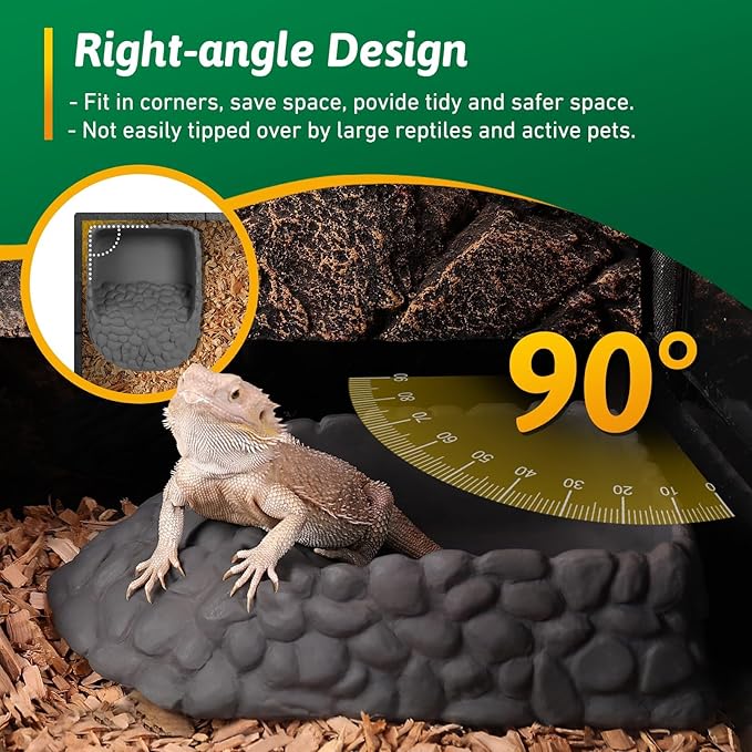 Reptile Water Dish Large Bearded Dragon Food Bowl, Rock Corner Water Dish for Reptiles Snake Water Bowl Feeding for Leopard Gecko Tortoise Lizard Tank Accessories, Terrarium Reptile Pool with Ramp