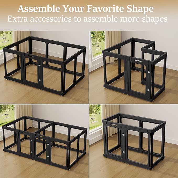 Clear Acrylic Dog Playpen with Door, for Puppy Rabbit Transparent Pet Pen, Black Dog Playpen Indoor, Dog Fence, Easy Assemble & Cleaning Dog Pen for Small & Medium Dogs (23.6“ Height, 14PCS)