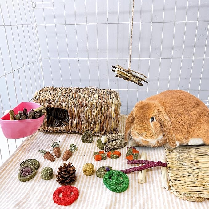 Hamiledyi Rabbit Chew Toys 450g/15.8OZ Natural Timothy Grass Molar Cakes Guinea Pig Apple Sticks Sweet Bamboo Handmade Treat for Bunny Hamster Chinchilla Squirrel
