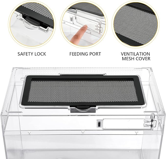 Reptile PC Terrarium,Anti Breakage 12x7x9 inch Insect Amphibians Tank Spider Starter Kits,Top Sliding Door Screen Ventilation Mini Gecko Habitat Cages,Hygrometer Thermometer,Hide Cave,Tweezer,Sprayer