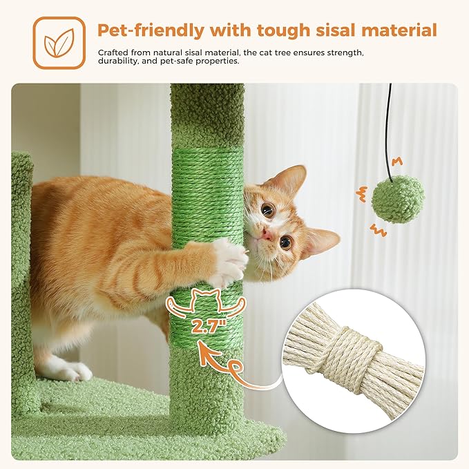 PAWZ Road 70 Inch Cat Tower, Cactus Cat Tree with 2 Cozy Condos, 2 Plush Perch, Large Basket, 2 Scraching Pad & 6 Scraching Posts for Indoor Cats Large Adult